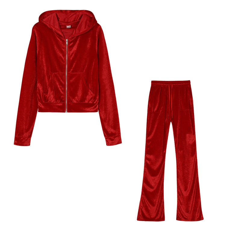 Damen Sportliches Set aus samtiger Kapuzenjacke und weiten Jogginghosen WW