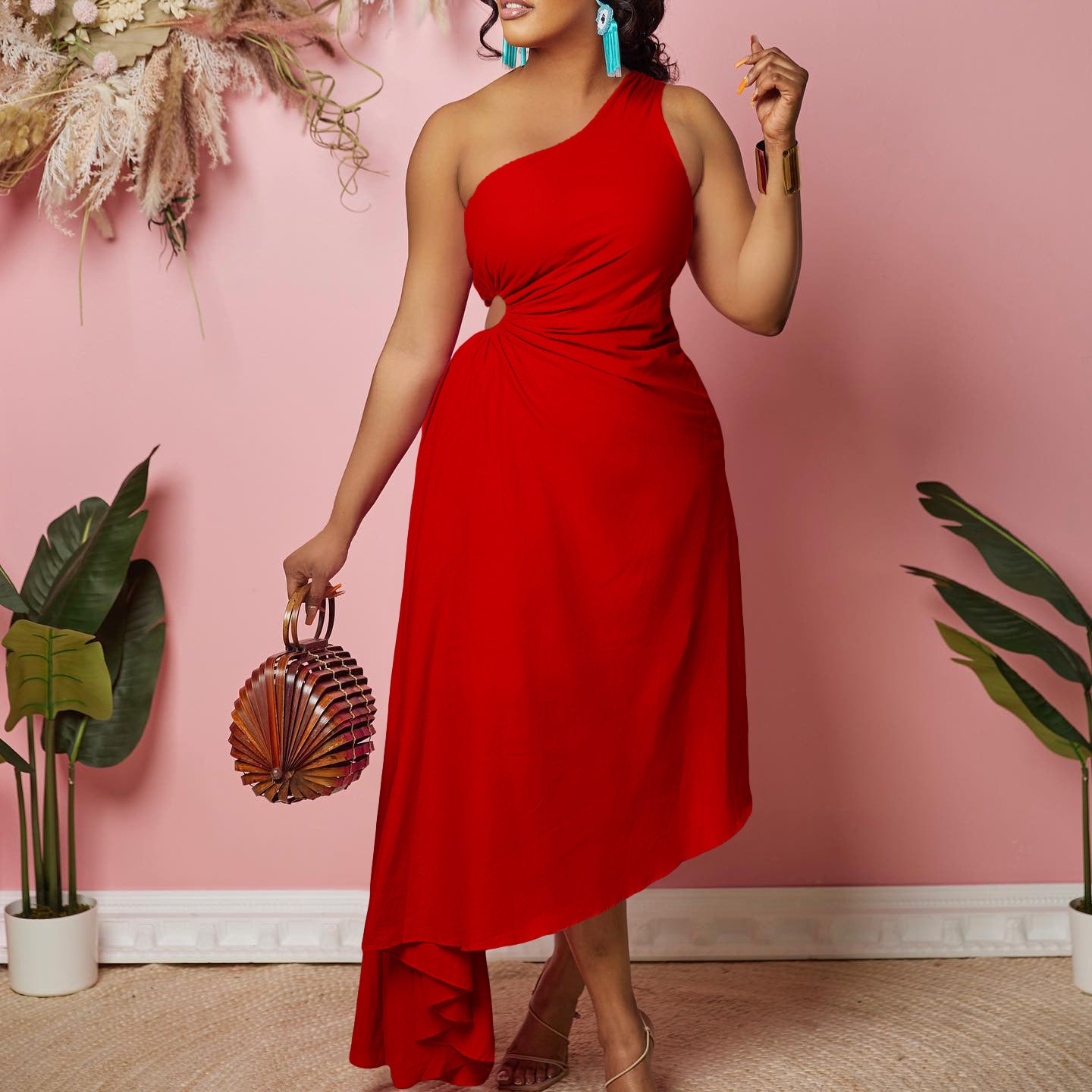 Damen asymmetrisches Wickelkleid mit einem Schulterdesign WW