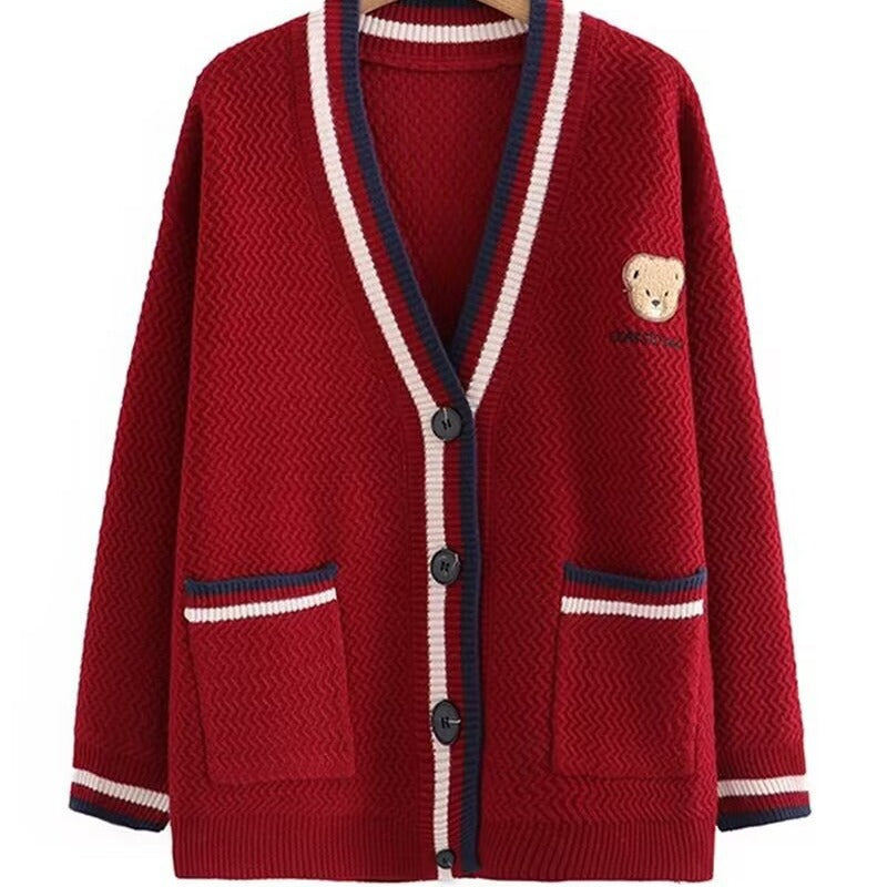 Damen Strickjacke mit Bärenmotiv und Kontraststreifen WW