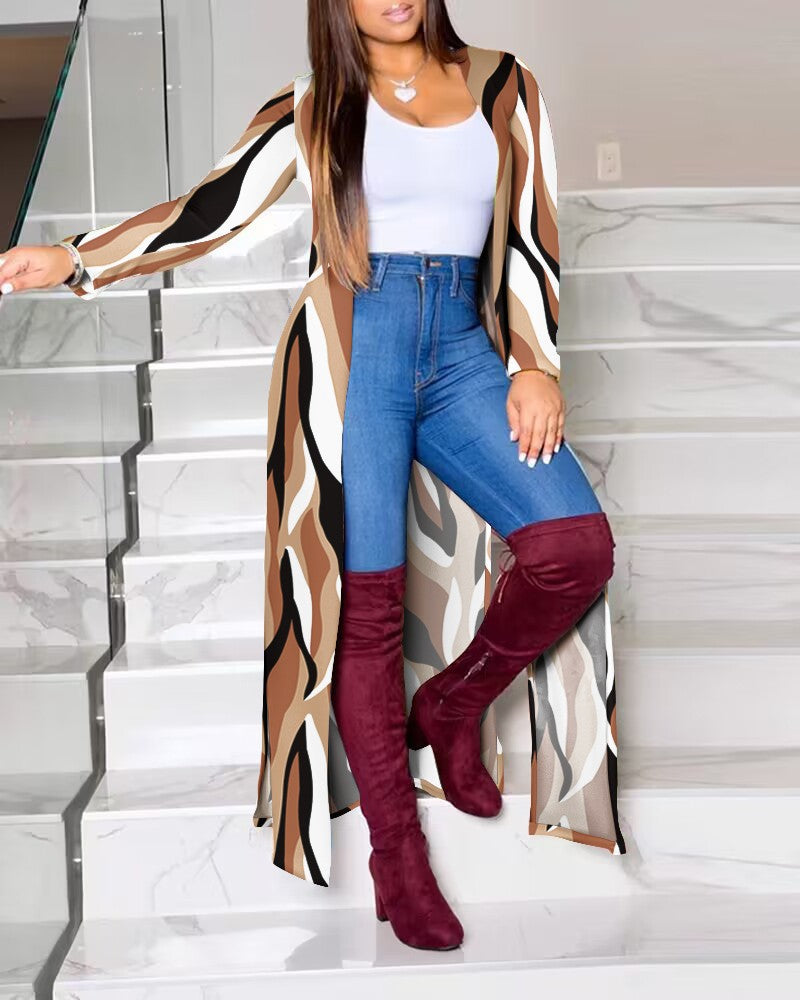 Damen Lange Strickjacke mit modernem grafischem Muster WW
