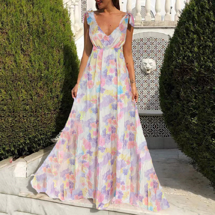 W&W Mode | Bedrucktes Langarmloses Spaghettiträgerkleid mit großem Saum