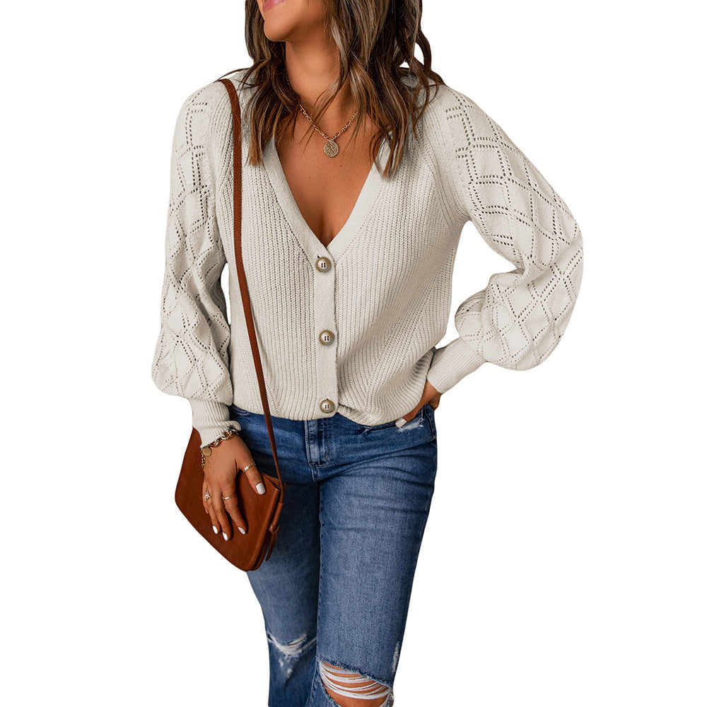 Damen Strickjacke mit V-Ausschnitt und Puffärmeln WW