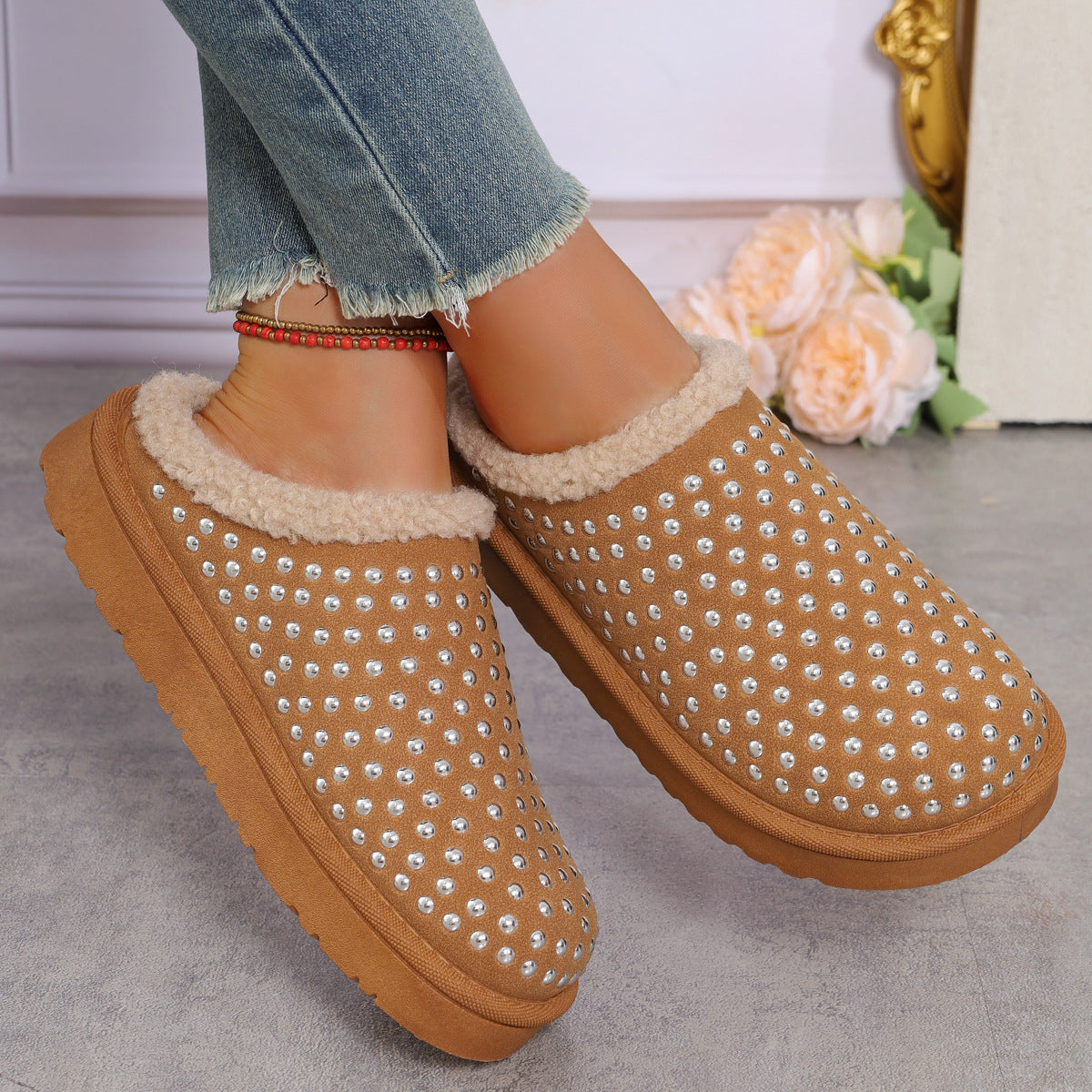 Damen Hausschuhe mit Glitzerakzenten und kuscheligem Innenfutter WW