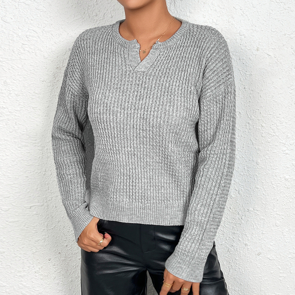 Damen Strickoberteil mit Henley-Ausschnitt und strukturiertem Muster WW