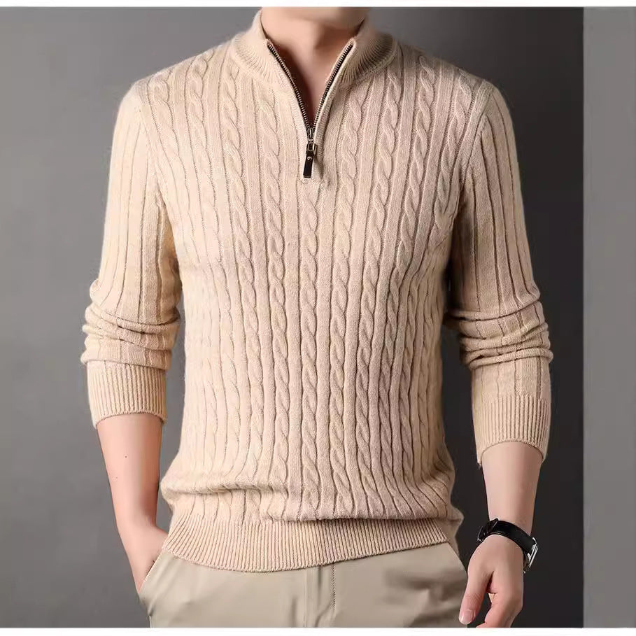 Herren Pullover mit Zipper und strukturiertem Zopfmuster WW