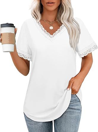 Damen V-Ausschnitt T-Shirt mit Spitzendetails WW
