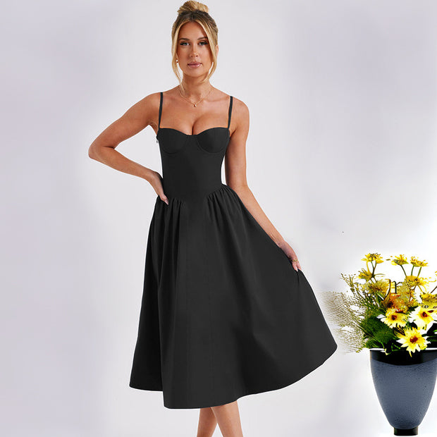 Damen Midi-Kleid mit eleganter Bustier-Oberfläche und schwingendem Rock WW