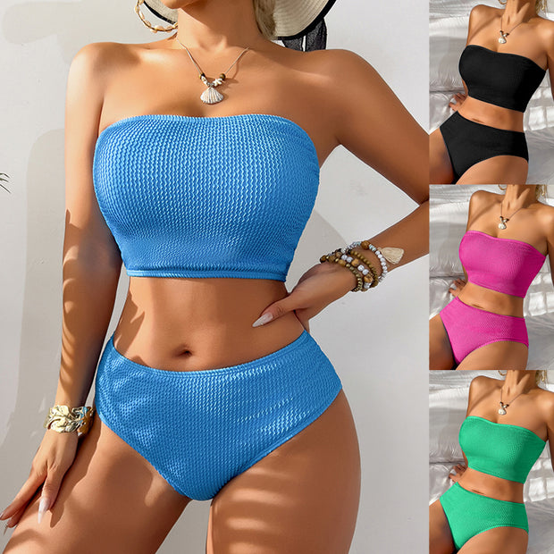 Damen Bandeau-Bikini mit strukturiertem Design und hohem Bund WW