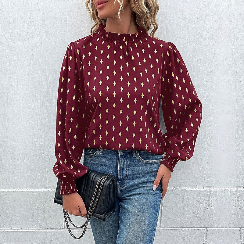 Damen Bluse mit elegantem Kragen und modischem Muster WW
