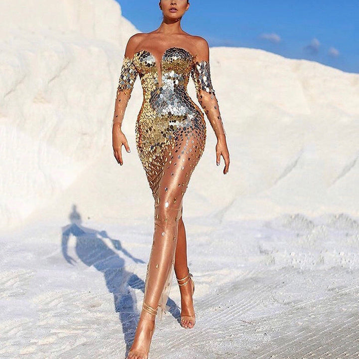 Damen Glamouröses Partykleid mit Pailletten und tiefem Ausschnitt W&W Mode