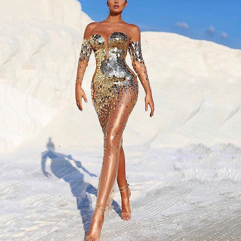 Damen Glamouröses Partykleid mit Pailletten und tiefem Ausschnitt WW