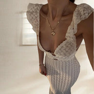 Damen Strick-Maxikleid mit tiefem V-Ausschnitt und Rüschendetails WW