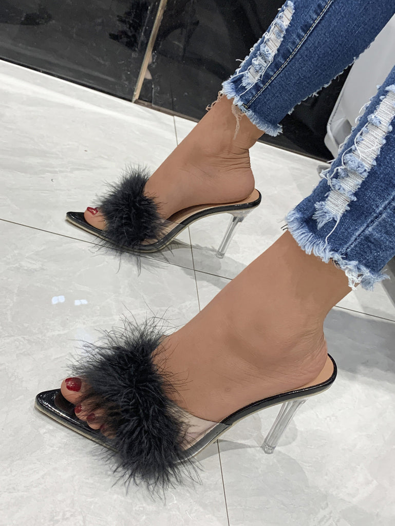 Damen High Heel Mules mit luxuriösem Federbesatz und transparentem Blockabsatz WW