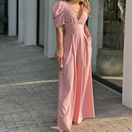 Damen Elegantes Jumpsuit mit voluminösen Puffärmeln und tiefem V-Ausschnitt WW