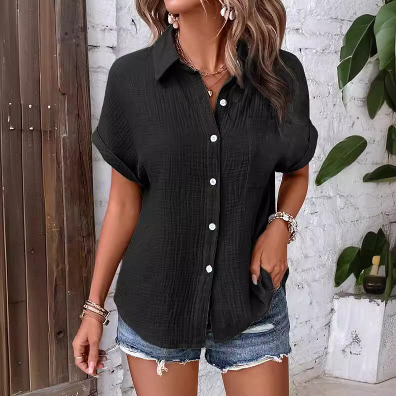 Damen lässige Kurzarm-Hemdbluse aus strukturiertem Stoff WW