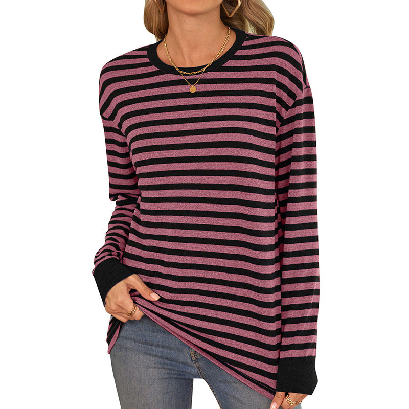 Damen bequemes Langarmshirt mit gestreiftem Design und Rundhalsausschnitt WW