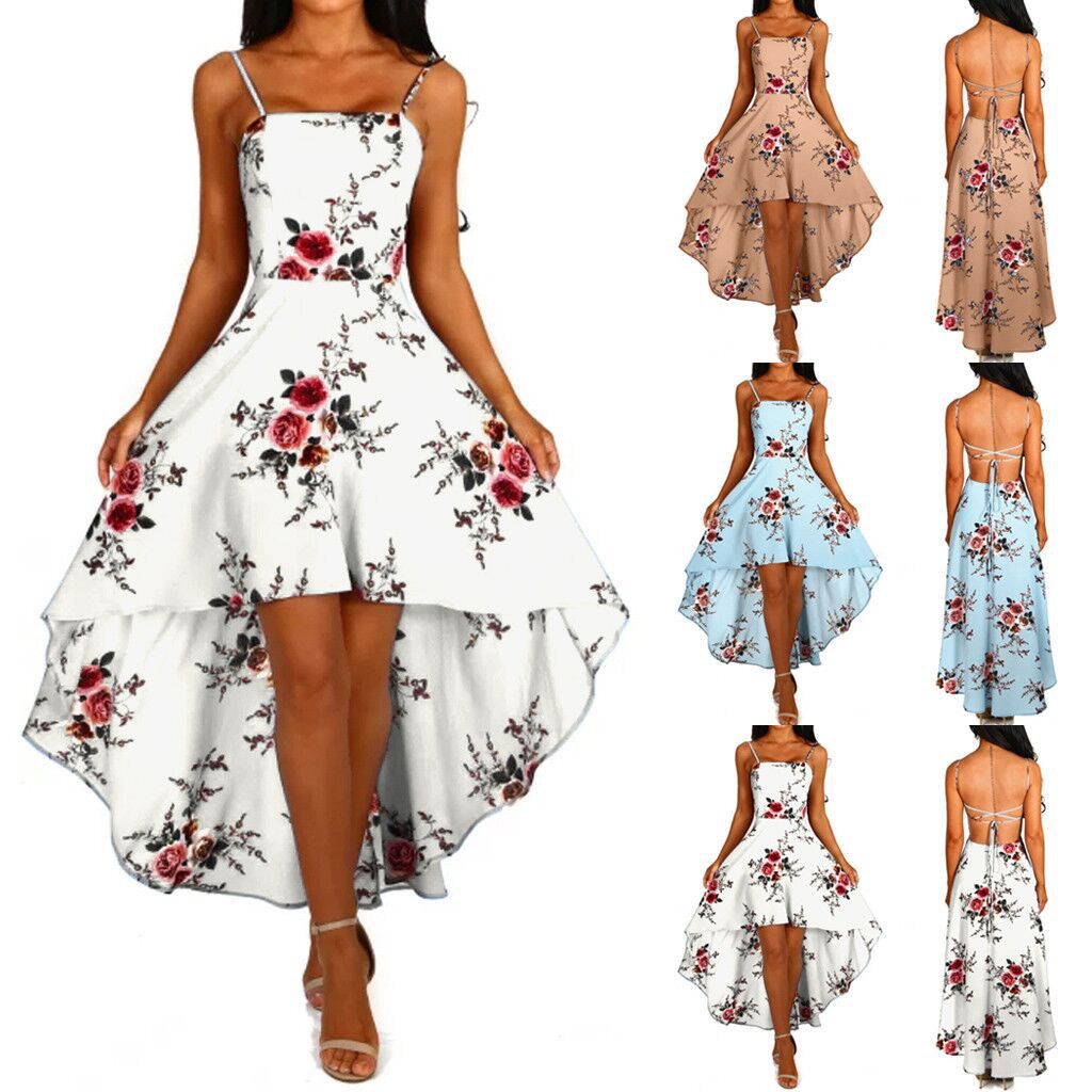 Damen asymmetrisches Blumenkleid mit dekorativen Spaghettiträgern und schwingendem Saum WW