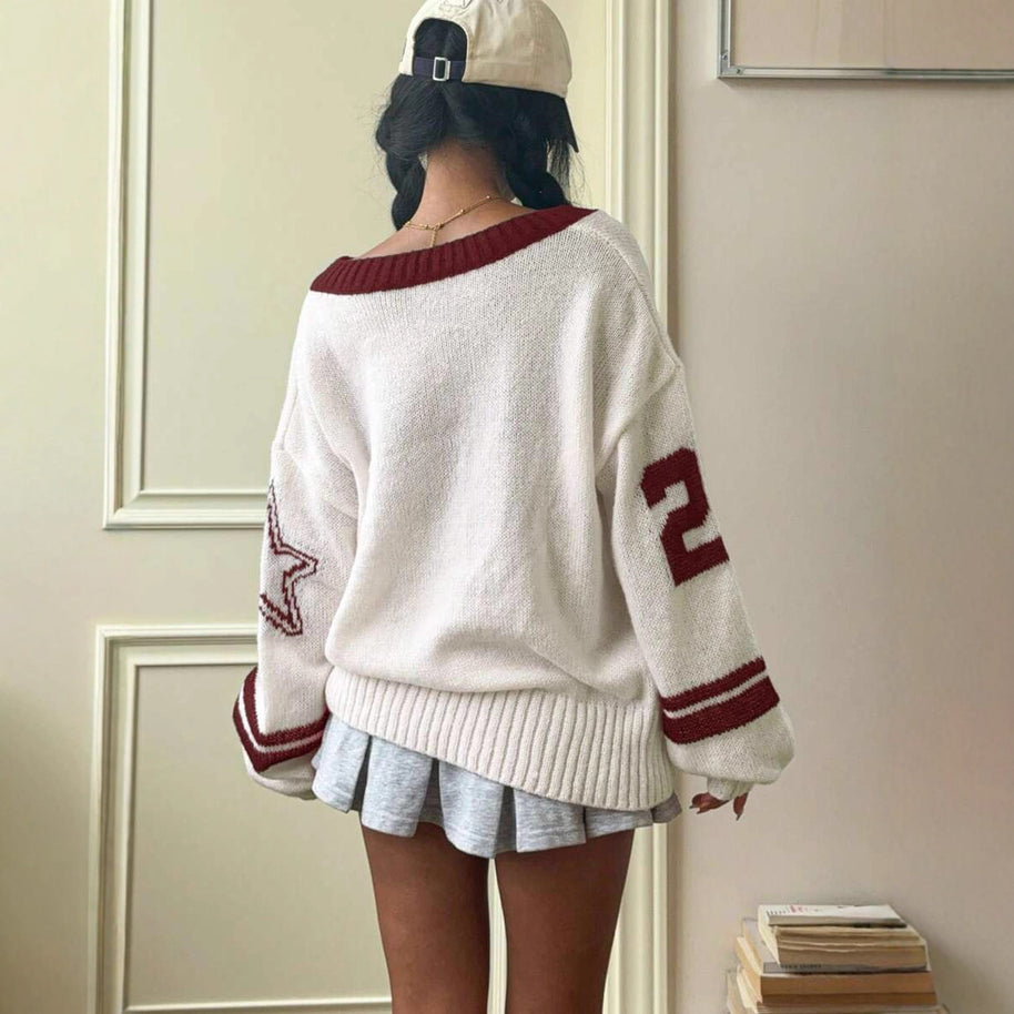 Damen Sportlicher V-Ausschnitt Pullover im lässigen College-Stil WW