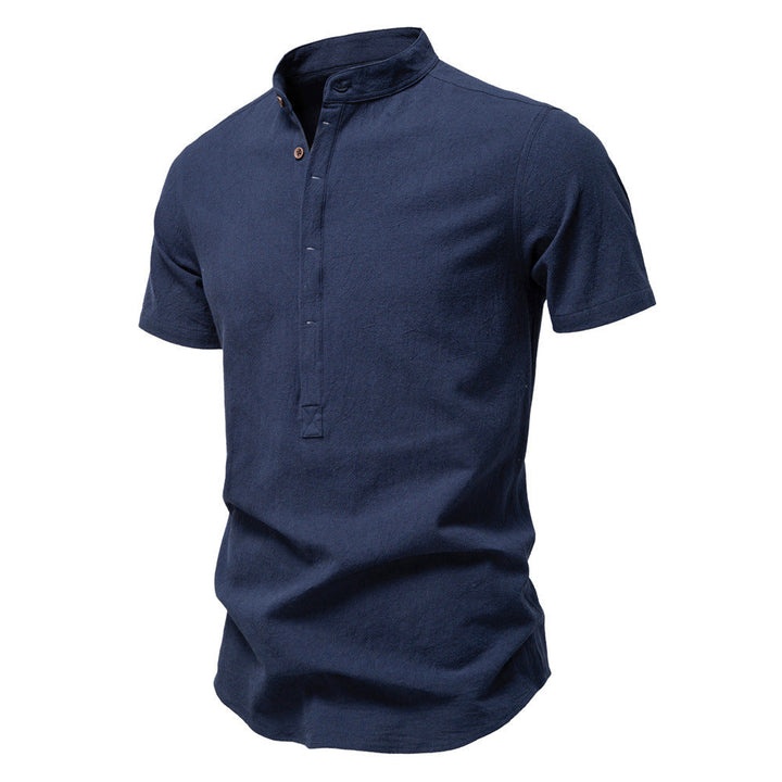 Herren nan lässiges Kurzarmshirt mit Stehkragen, halber Knopfleiste und leicht strukturierter Baumwoll-Leinen-Qualität W&W Mode