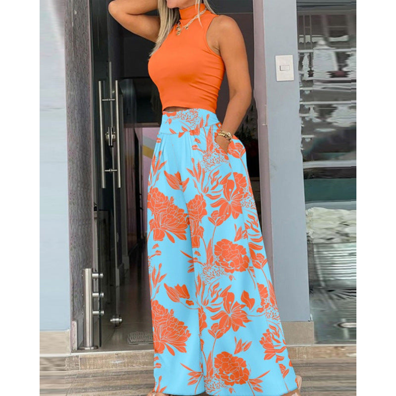 Damen Stilvolles Zweiteiliges Cropped Top und Breite Hosen Set WW