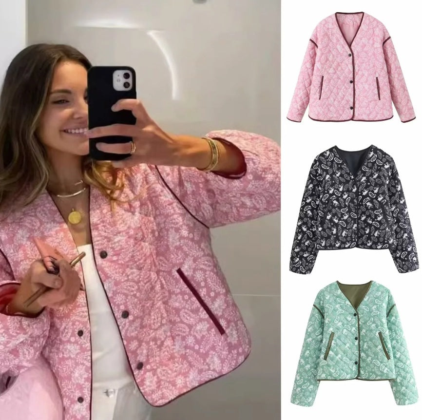 Damen gesteppte Jacke mit floralem Design und praktischen Taschen WW