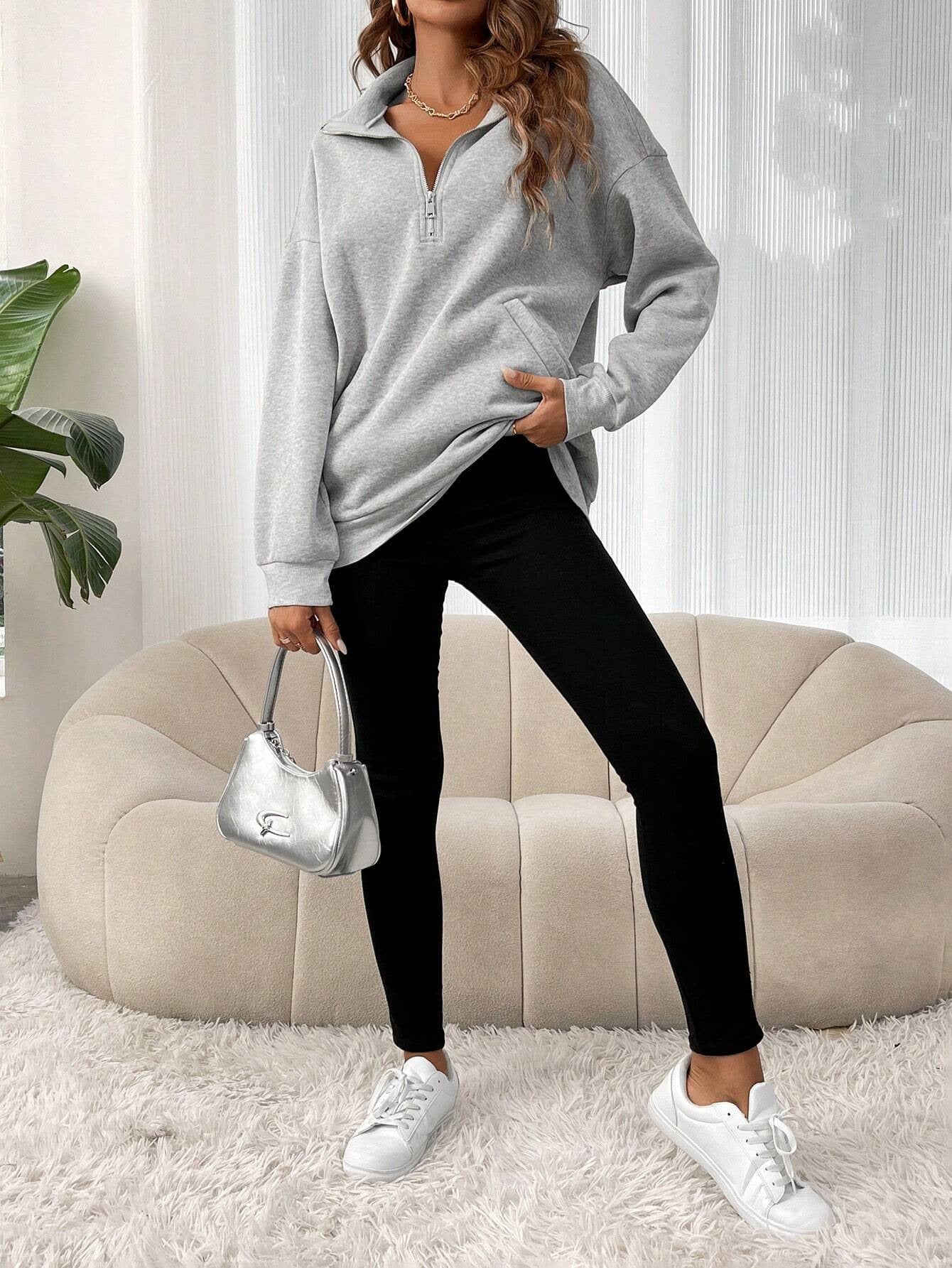 Damen lässiger Sweatpulli mit halbem Reißverschluss und Seitentaschen WW
