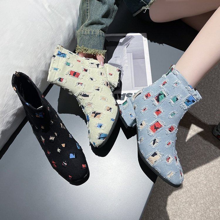 Damen Modische Ankle-Boots mit kreativem Geometrie-Druck und elegantem Reißverschluss W&W