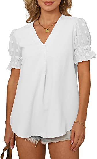 WW | V-Ausschnitt Kurzarm Pom Pom Locker Sitzende Bluse