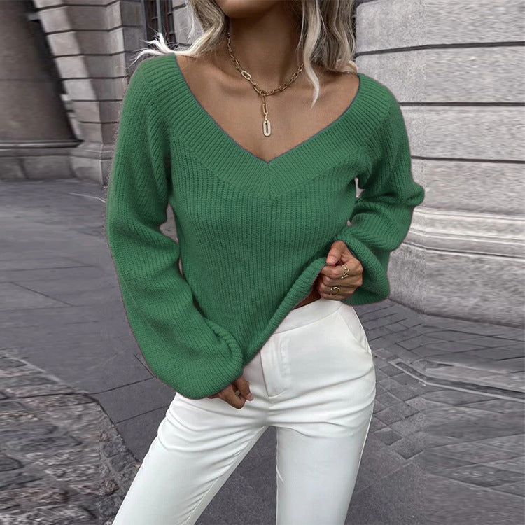 Damen Strickpullover mit V-Ausschnitt und weitem Ärmel WW