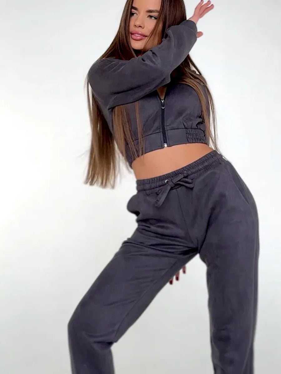 Damen Sportliches Fleece-Cropped-Set mit Kapuze und elastischem Bund WW