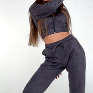 Damen Sportliches Fleece-Cropped-Set mit Kapuze und elastischem Bund WW