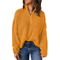 Damen Grober Strickpullover mit Stehkragen und Reißverschluss WW