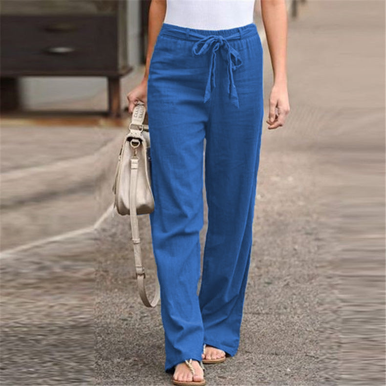 Damen bequeme Leinenhose mit elastischem Bund und verstellbarem Bindegürtel WW