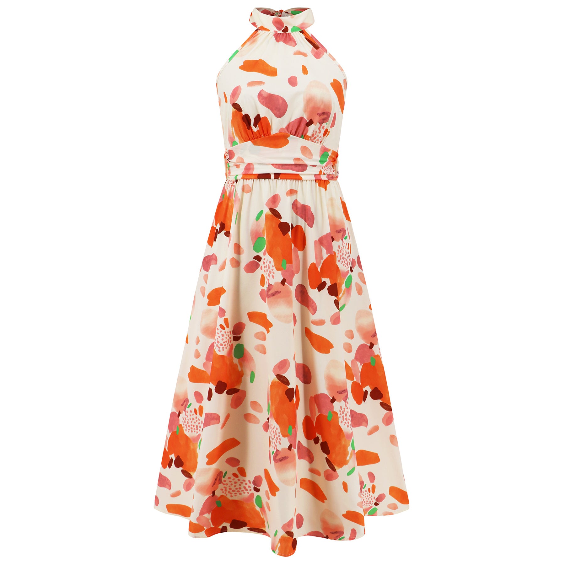 Damen Maxikleid mit hochgeschlossenem Kragen und buntem Blätterdruck WW