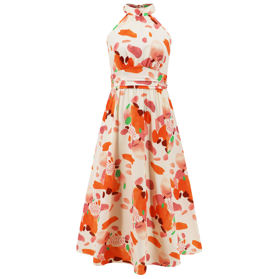 Damen Maxikleid mit hochgeschlossenem Kragen und buntem Blätterdruck WW