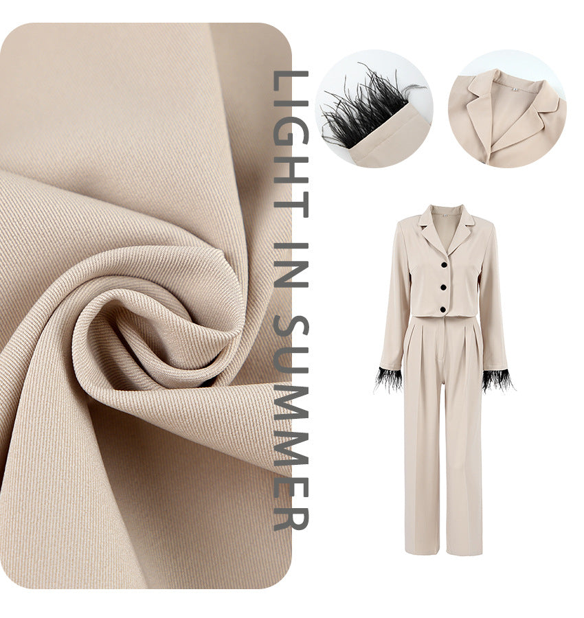 Damen schickes Anzug-Set mit eleganten Federn an den Ärmeln und hohem Bund WW