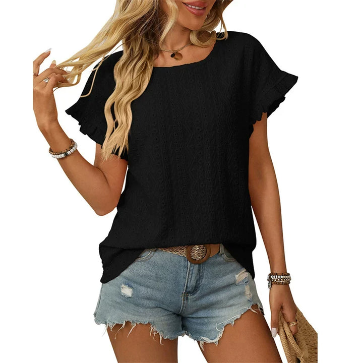 Damen Chiffonbluse mit Spitzenärmeln und feinem Lochmuster W&W Mode