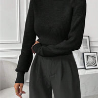 Damen Rippstrickpullover mit hohem Kragen und lässiger Passform WW