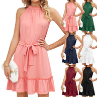 Damen elegantes ärmelloses Kleid mit geschlossenen Rüschen und Taillengürtel WW