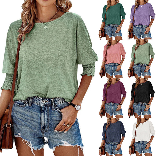 Damen lässiges Oversized T-Shirt mit modischen Puffärmeln und Rundhalsausschnitt WW