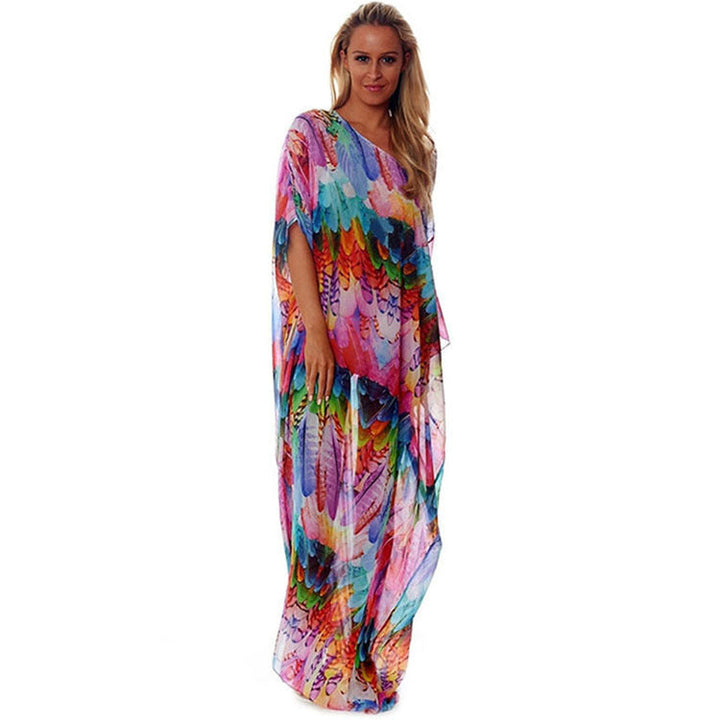 Damen Strandkaftan mit buntem Federdesign und luftigem Schnitt W&W Mode