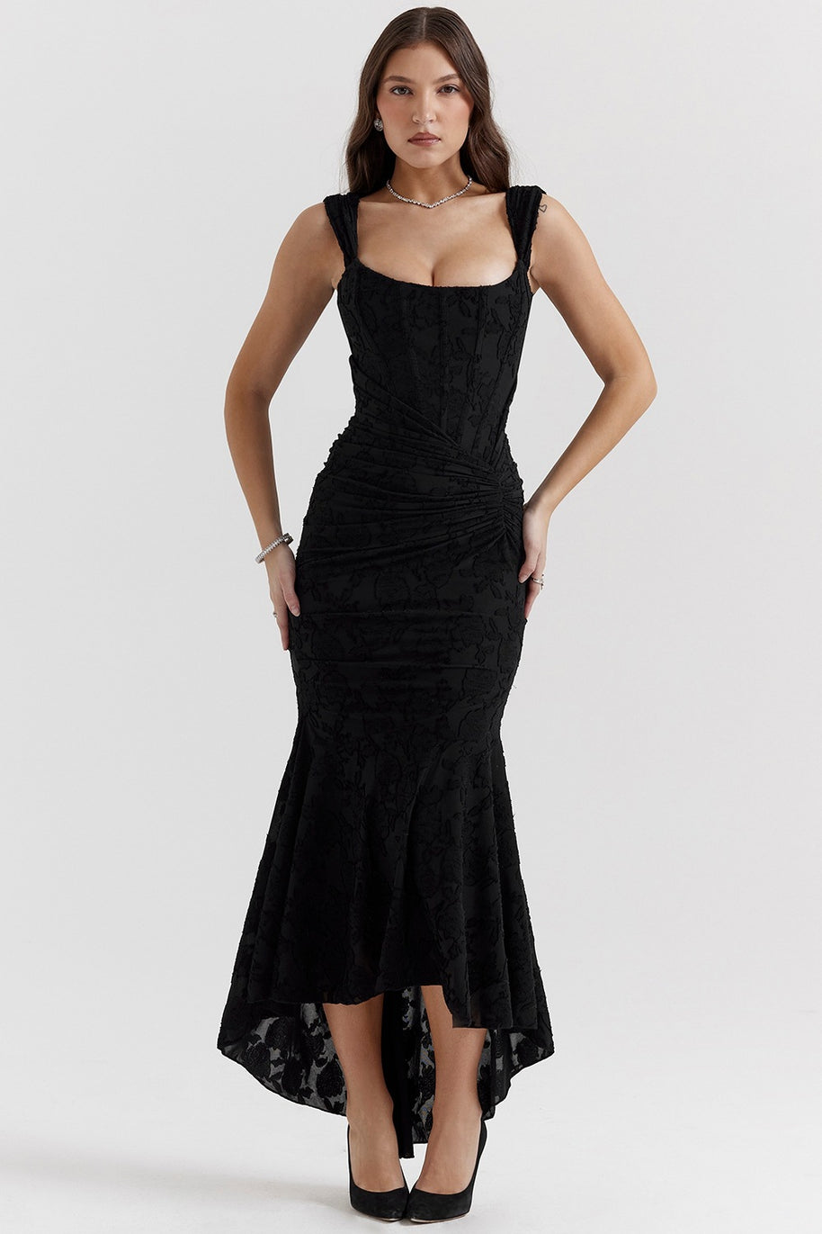 Damen Elegantes Maxikleid mit floralem Relief und asymmetrischem Saum WW
