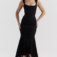 Damen Elegantes Maxikleid mit floralem Relief und asymmetrischem Saum WW