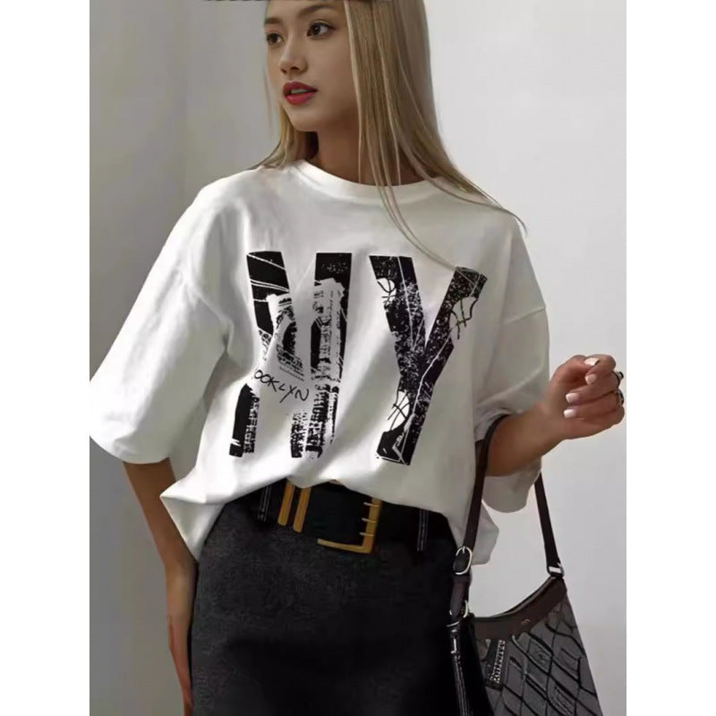 Damen lässiges T-Shirt mit trendigem Brooklyn-Print und oversized Schnitt WW