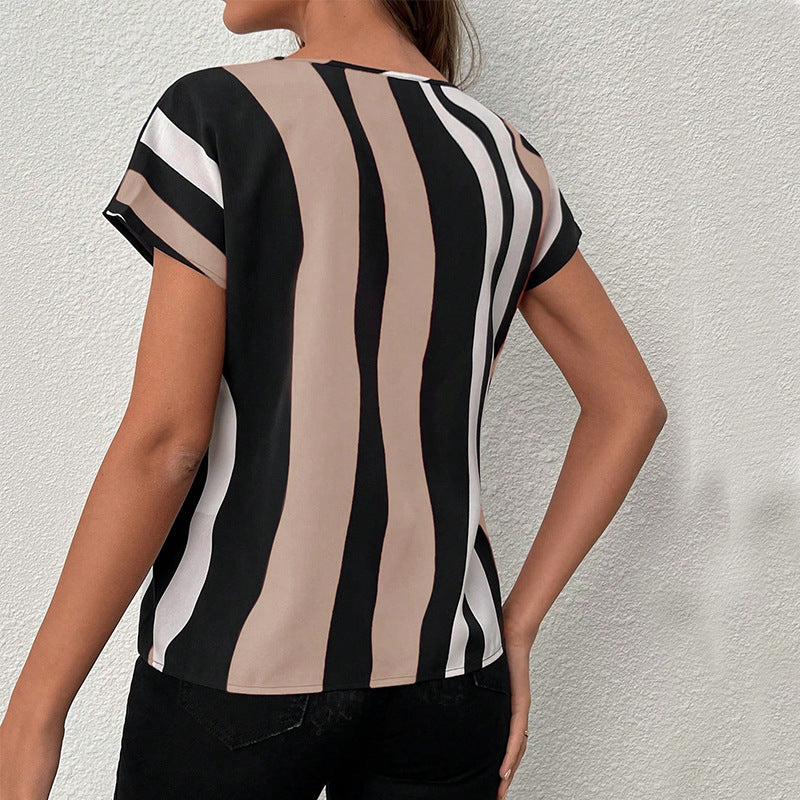 Damen modisches Kurzarmshirt mit V-Ausschnitt und Streifenmuster WW