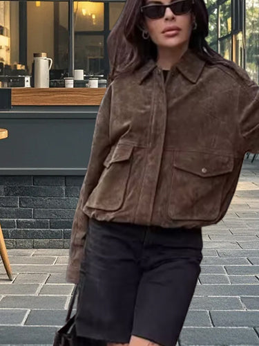 Damen lässige Wildlederjacke mit praktischen Taschen und hochgeschlossenem Kragen WW