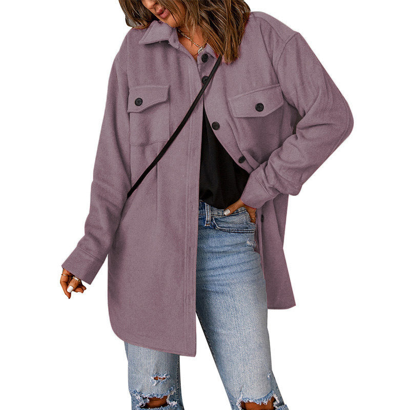 Damen Übergröße Langarm-Hemdjacke mit funktionalen aufgesetzten Taschen und lässigem Schnitt WW