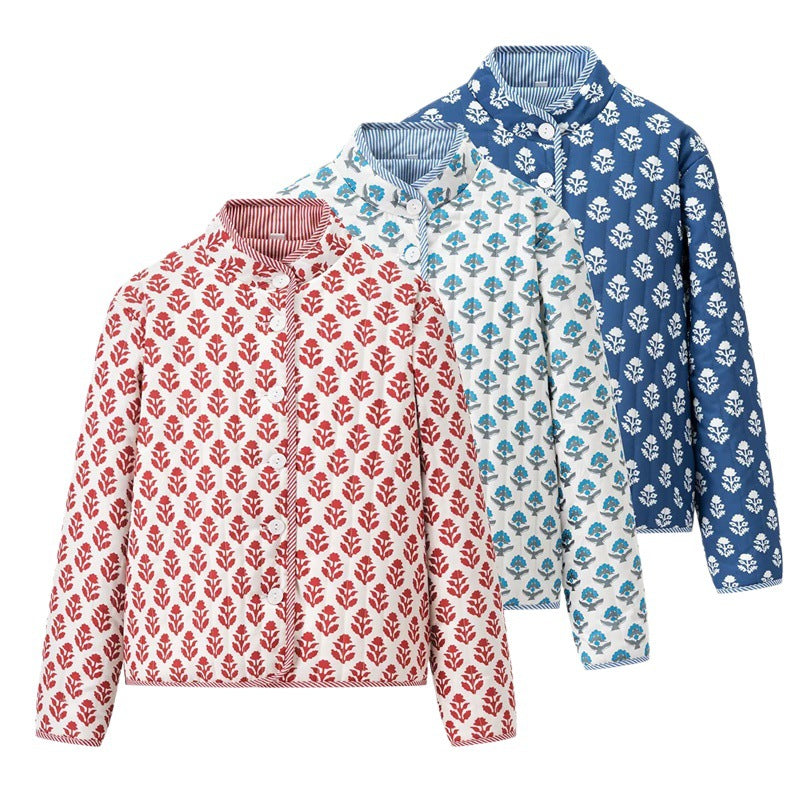 Damen Steppjacke mit floralen Mustern und elegantem Kragen WW