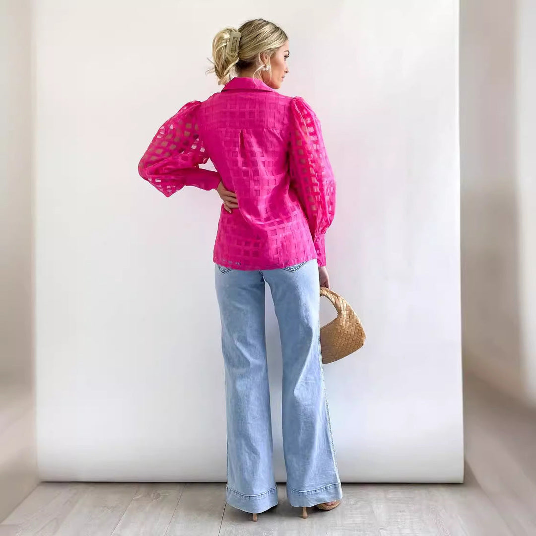Damen Kariertes Hemd mit transparenten Puffärmeln W&W Mode