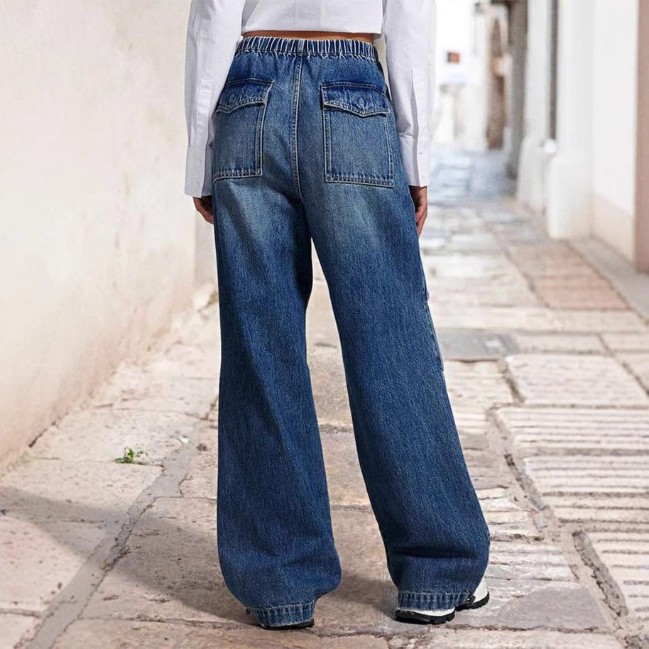 Damen weite High-Waist Denim-Hose mit elastischem Bund WW